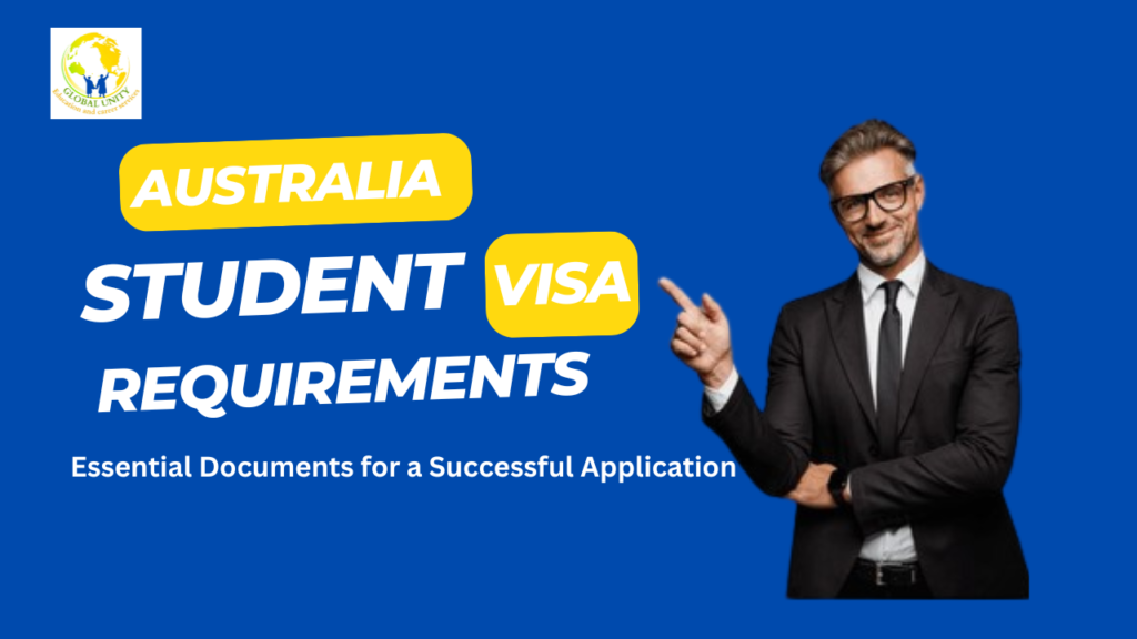 "A professional-looking man in a black suit and glasses stands against a blue background, confidently pointing towards the bold text that reads 'Australia Student Visa Requirements' in white and yellow. Below, a subtitle states 'Essential Documents for a Successful Application.'