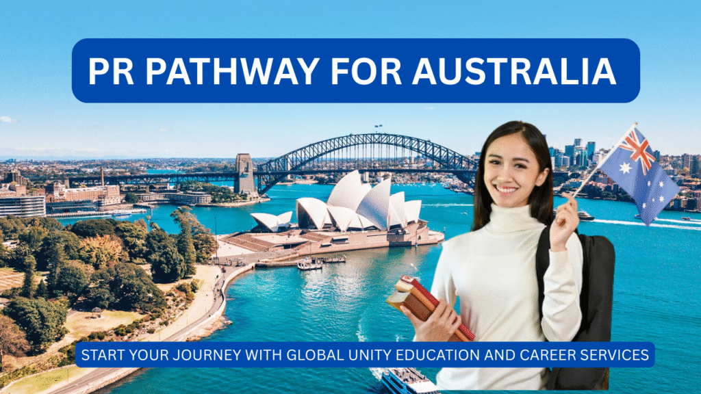 “Happy international graduate holding Australian flag in front of city skyline, symbolizing successful PR pathway to Australia.”