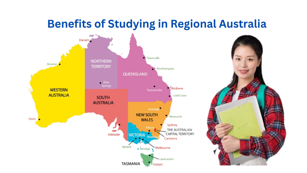 International students studying in regional Australia with regional map background and student